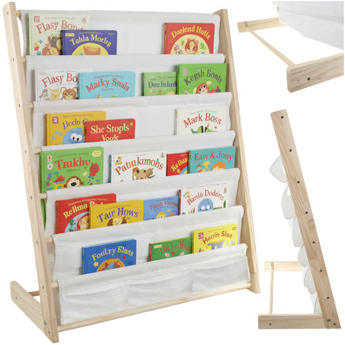 Børnebibliotek med 6 hylder i træ og stof