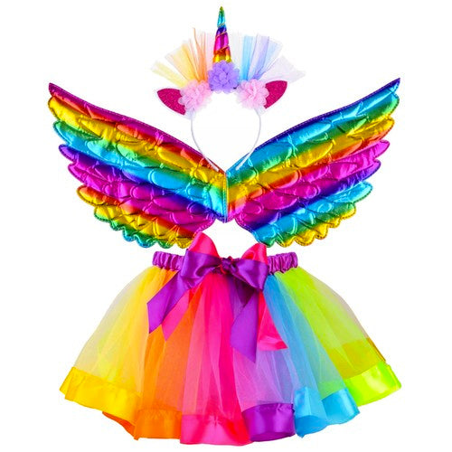 Rainbow Unicorn Kostume - Skørt, Vinger & Hovedbånd til Børn
