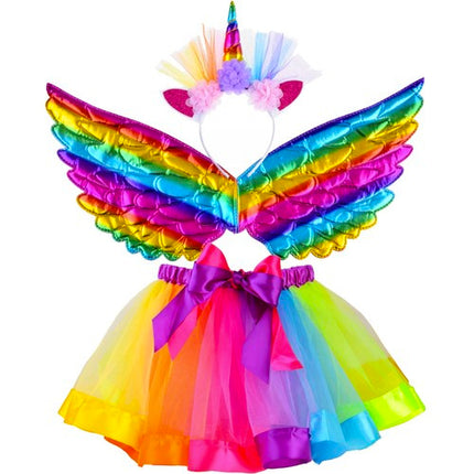 Rainbow Unicorn Kostume - Skørt, Vinger & Hovedbånd til Børn