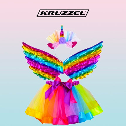 Rainbow Unicorn Kostume - Skørt, Vinger & Hovedbånd til Børn
