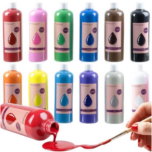 Plakatmaling 12 farver 500 ml pr. flaske – vandbaseret skolemaling til papir, træ og keramik