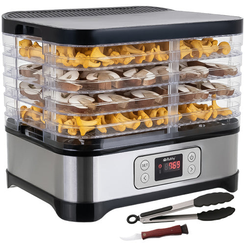Dehydrator til frugt og svampe 10 L med 5 bakker – tørreovn med LCD-display, 35-70 °C og 24 timers timer