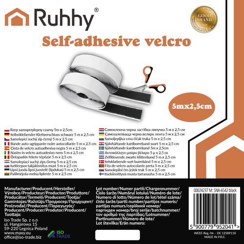 Selvklæbende Velcro tape 5m x 2.5cm - Praktisk og nem montering
