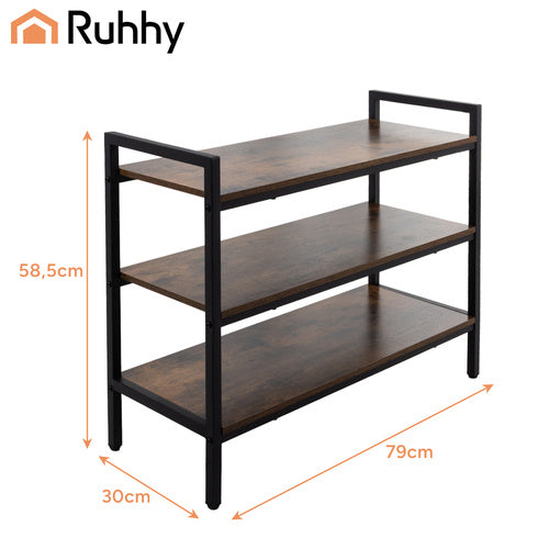 Skoreol 79 cm med 3 hylder i metal og træ – skostativ 79x30x58,5 cm, hver hylde bærer op til 30 kg