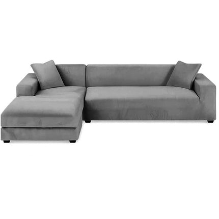 Elegant sofa cover i mørkegrå velour til hjørnesofaer