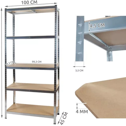Stabil Opbevaringsreol med 5 Hylder - 220 x 100 x 45 cm