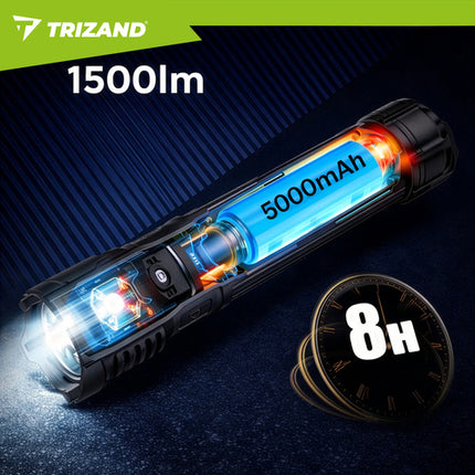 Taktisk LED lommelygte 1500 lumen med zoom og powerbank funktion