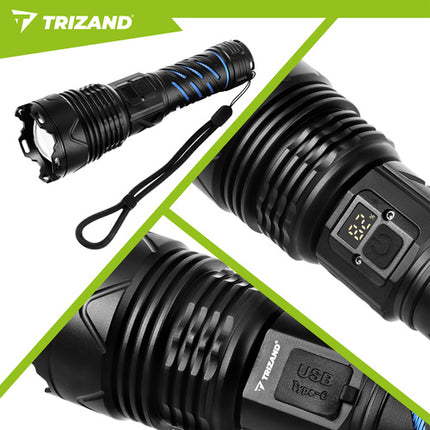 Taktisk LED lommelygte 1500 lumen med zoom og powerbank funktion