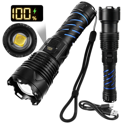 Taktisk LED lommelygte 1500 lumen med zoom og powerbank funktion