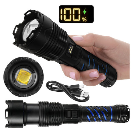 Taktisk LED lommelygte 1500 lumen med zoom og powerbank funktion