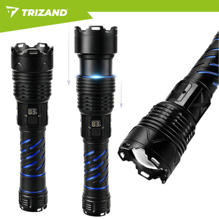 Taktisk LED lommelygte 1500 lumen med zoom og powerbank funktion