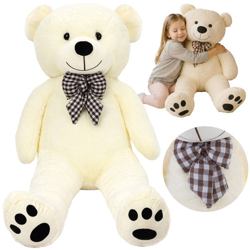Kæmpe bamse 140 cm med sløjfe – blød teddybjørn med broderede ansigtstræk, kan sidde og ligge