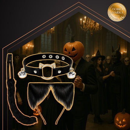 3-i-1 kostume sæt med hale, ører og choker i sort