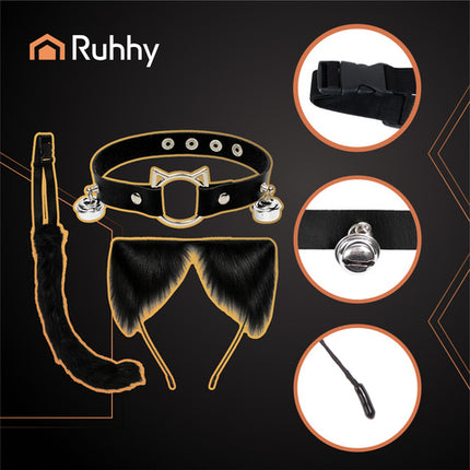 3-i-1 kostume sæt med hale, ører og choker i sort