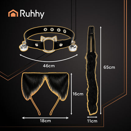 3-i-1 kostume sæt med hale, ører og choker i sort