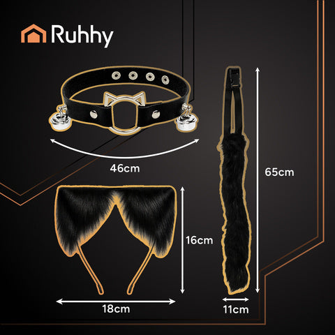 3-i-1 kostume sæt med hale, ører og choker i sort