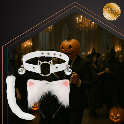 3-i-1 kostume sæt med hale, ører og choker i hvid