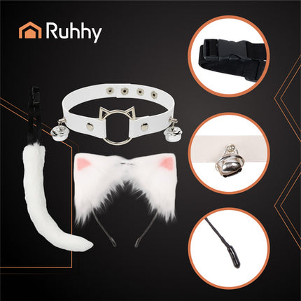 3-i-1 kostume sæt med hale, ører og choker i hvid