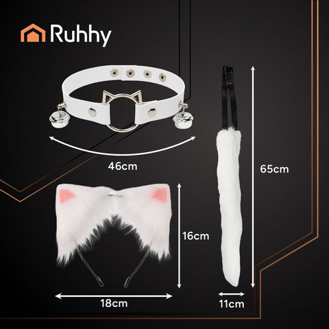 3-i-1 kostume sæt med hale, ører og choker i hvid
