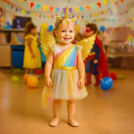 Unicorn kostume til børn med kjole, vinger og hovedbånd