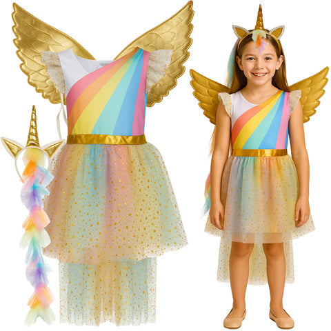 Unicorn kostume til børn med kjole, vinger og hovedbånd