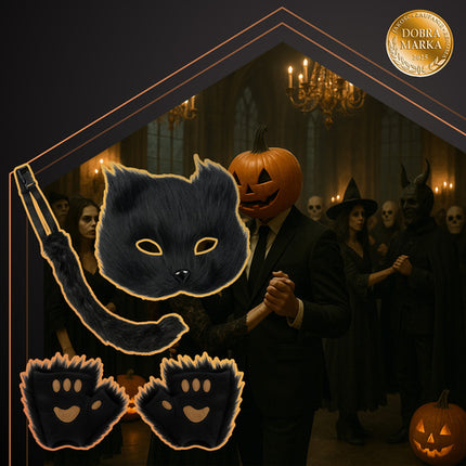 4-delt kostume sæt til kat, ræv og ulv i sort