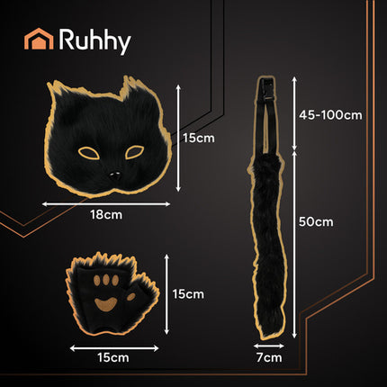4-delt kostume sæt til kat, ræv og ulv i sort