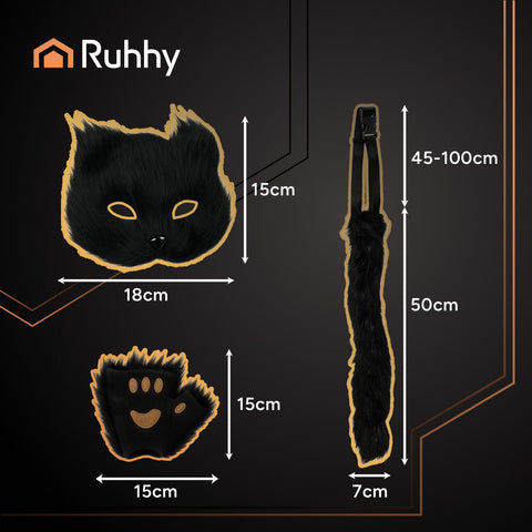 4-delt kostume sæt til kat, ræv og ulv i sort