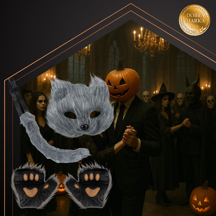 4-delt kostume sæt til kat, ræv og ulv i grå