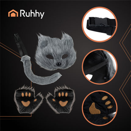 4-delt kostume sæt til kat, ræv og ulv i grå