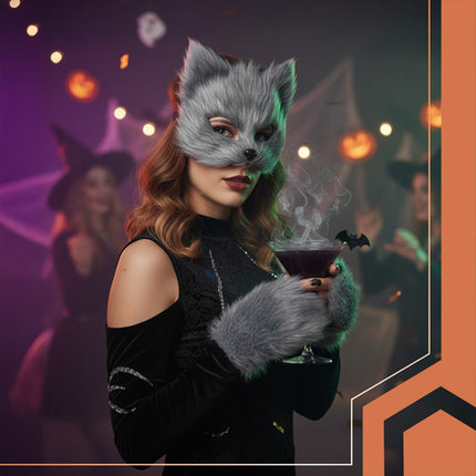 4-delt kostume sæt til kat, ræv og ulv i grå