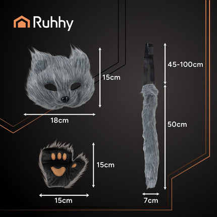 4-delt kostume sæt til kat, ræv og ulv i grå