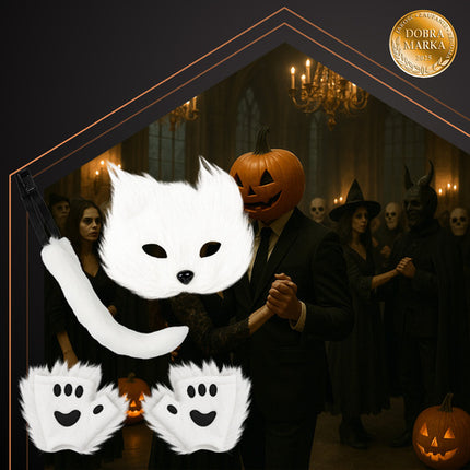 4-delt kostume sæt til kat, ræv og ulv i hvid