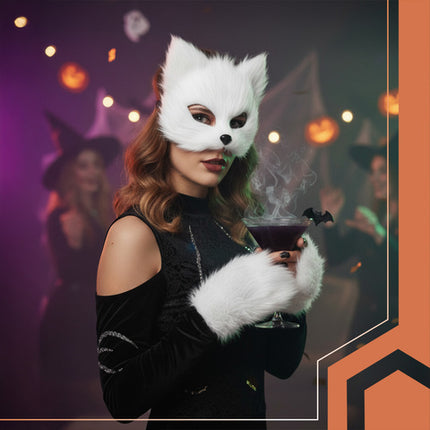 4-delt kostume sæt til kat, ræv og ulv i hvid