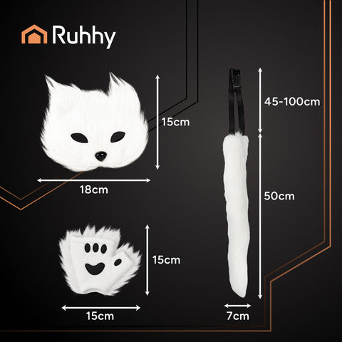 4-delt kostume sæt til kat, ræv og ulv i hvid