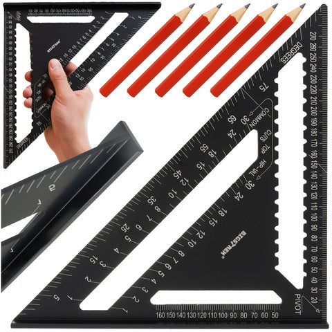 Aluminiumsvinkel 30x30cm med 5 blyanter til præcise målinger