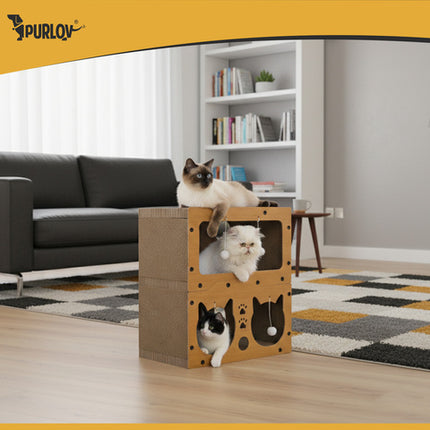 Kradsebræt med hus og legesager til katte