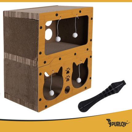 Kradsebræt med hus og legesager til katte