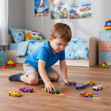 Farverige metalbiler i sæt med 16 stk. til børn