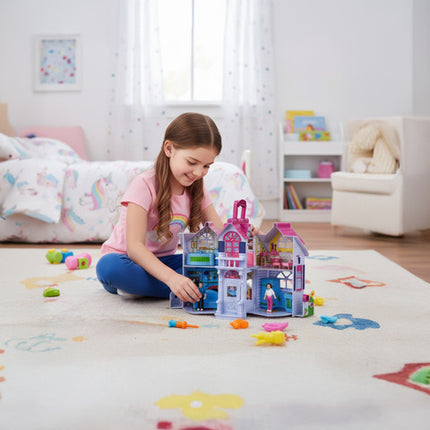 Foldbart dukkehus med 6 rum og møbler til leg