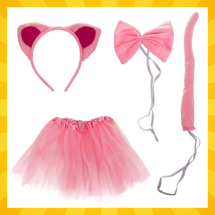 Pink Kattekostume til Børn - 4-delt Sæt med Skørt og Hovedbånd
