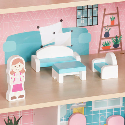 Stort trædukkehus med LED-belysning og møbler