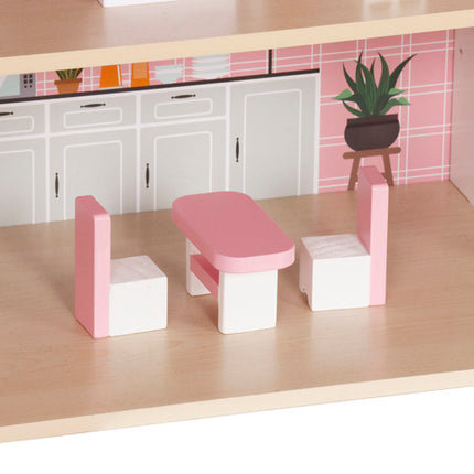 Stort trædukkehus med LED-belysning og møbler