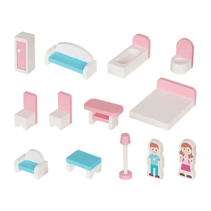 Stort trædukkehus med LED-belysning og møbler