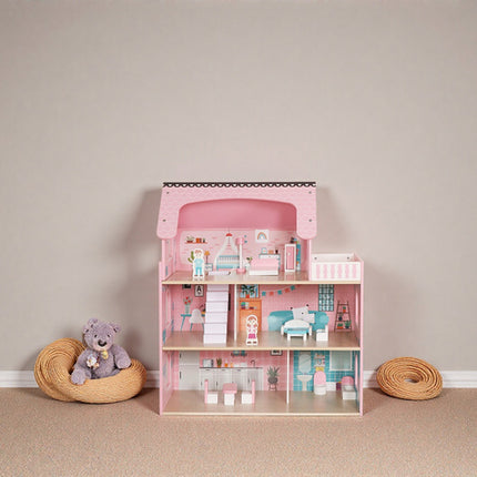 Stort trædukkehus med LED-belysning og møbler