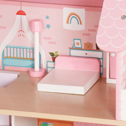 Stort trædukkehus med LED-belysning og møbler