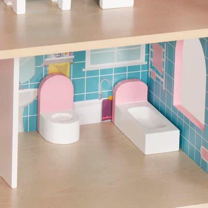 Stort trædukkehus med LED-belysning og møbler