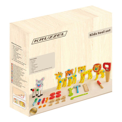 Kreativ træværktøjskasse til børn med byggeklodser og værktøj