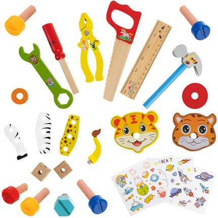 Kreativ træværktøjskasse til børn med byggeklodser og værktøj