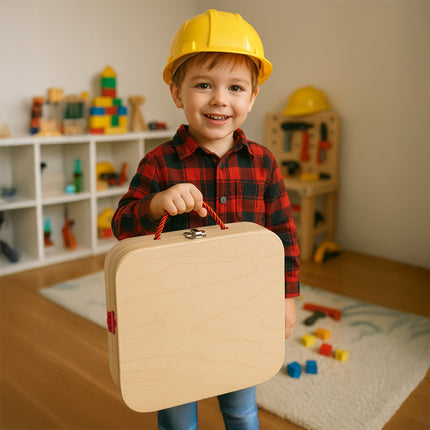 Kreativ træværktøjskasse til børn med byggeklodser og værktøj